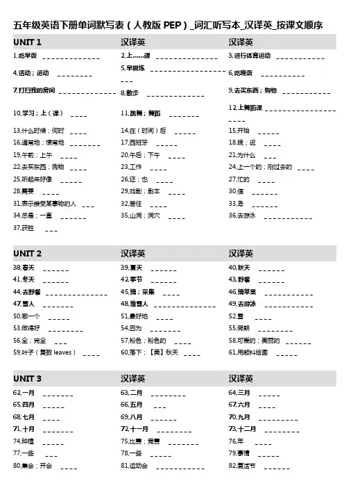 1,五年级英语下册单词默写表(人教版PEP)_词汇听写本_汉译英_按课文顺序