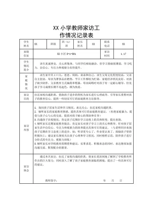 小学生家访记录模版