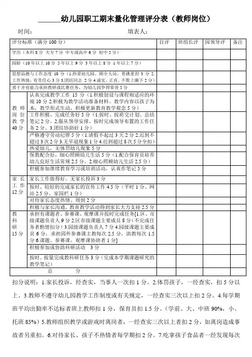 幼儿园教师评分表
