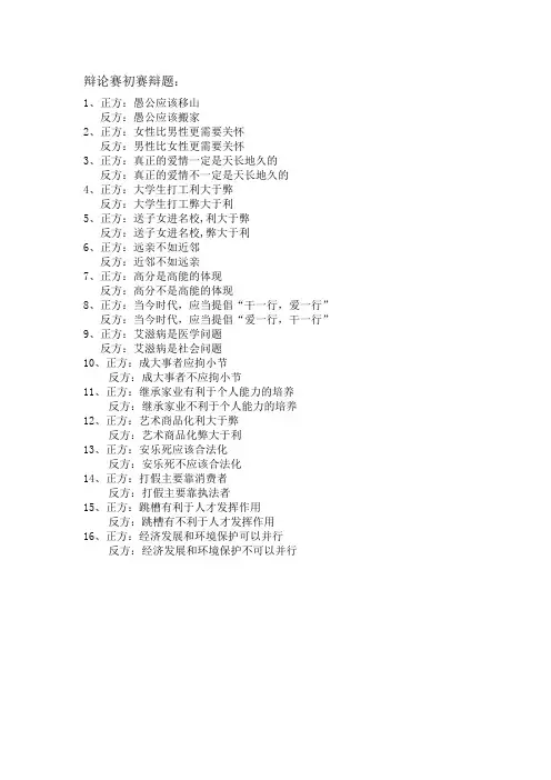 辩论赛初赛辩题