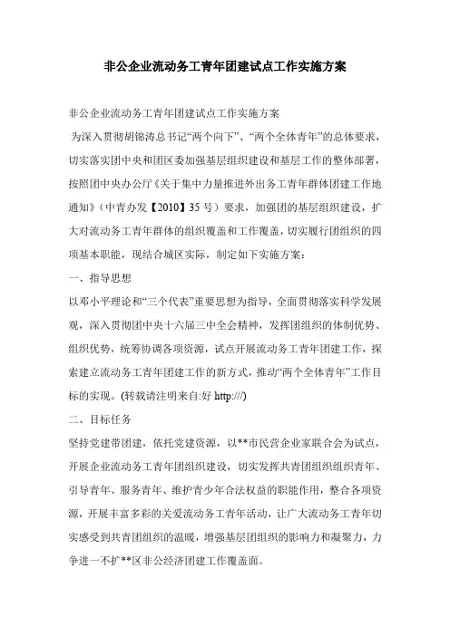 非公企业流动务工青年团建试点工作实施方案
