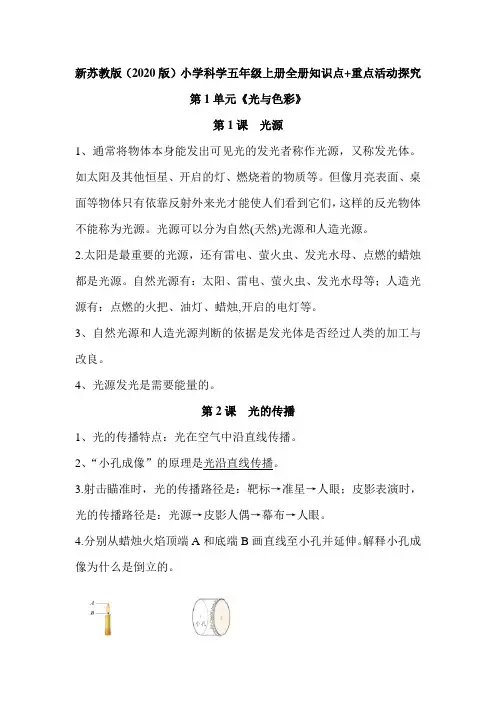 新苏教版(2020版)小学科学五年级上册全册知识点+重点活动探究