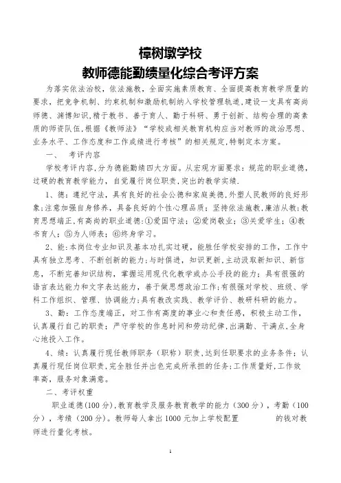 教师德能勤绩量化综合考评方案