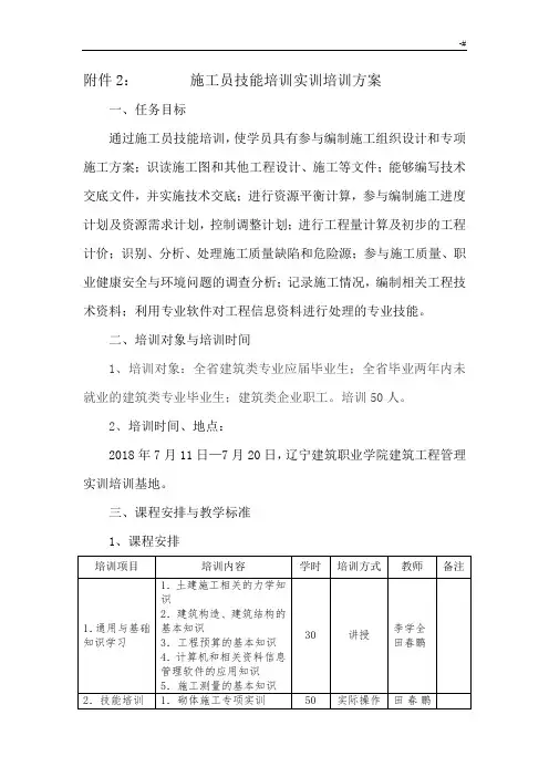 施工员技能培养训练实训培养训练方案方针