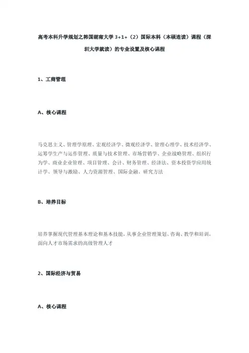 韩国湖南大学3+1+(2)国际本科(本硕连读)课程(深圳大学就读)的专业设置及核心课程