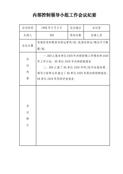 内部控制领导小组工作会议纪要通用模版