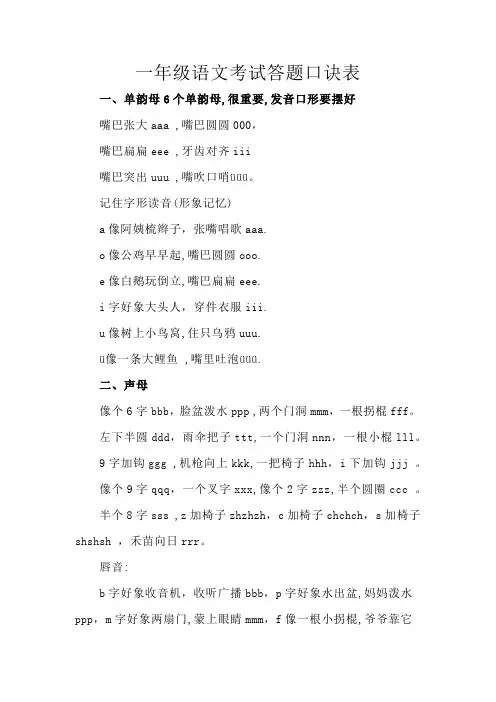 一年级语文考试答题口诀表