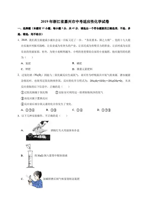 2019年浙江省嘉兴市中考适应性化学试卷(解析版)
