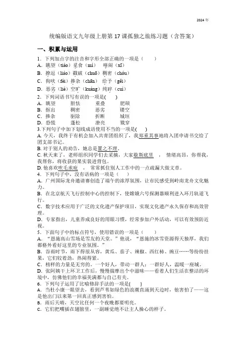统编版语文九年级上册第17课孤独之旅练习题(含答案)