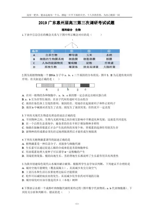 2019年广东省惠州市第三次调研考试(理综生物试题+答案)