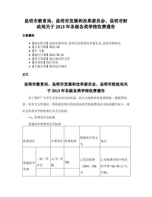 昆明市教育局、昆明市发展和改革委员会、昆明市财政局关于2013年各级各类学校收费通告