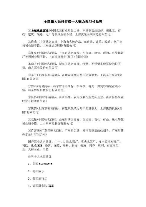 全国磁力泵排行榜十大磁力泵型号品牌