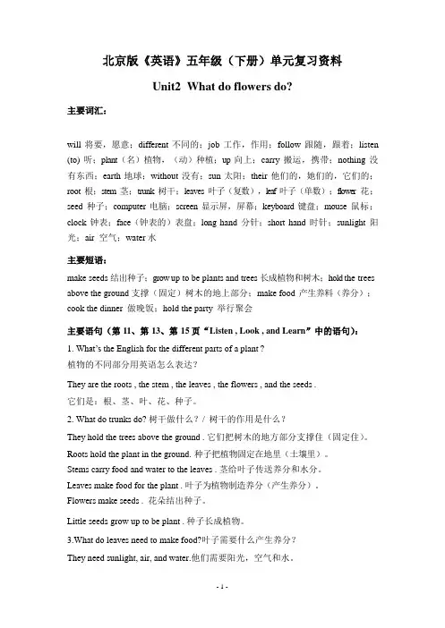 北京版五年级英语下册复习资料Unit2附默写模板