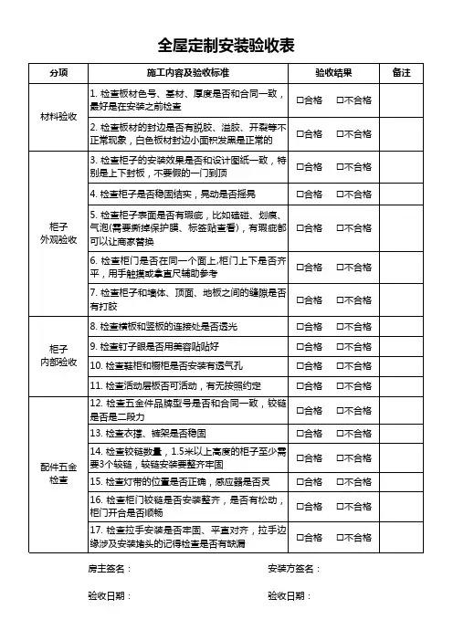 全屋定制安装验收表(参考)