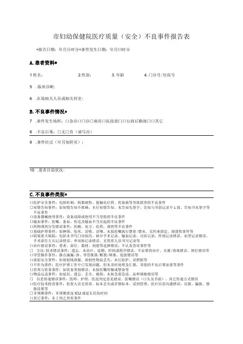 市妇幼保健院医疗质量(安全)不良事件报告表