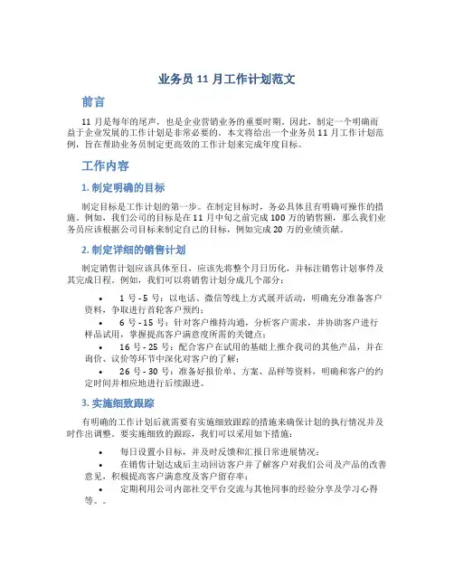 业务员11月工作计划范文