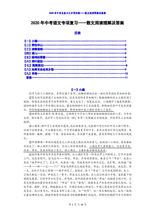 2020年中考语文专项复习——散文阅读理解及答案