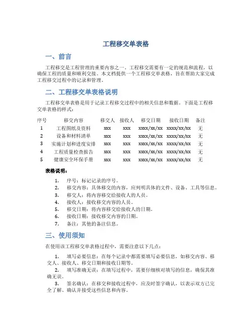 工程移交单表格