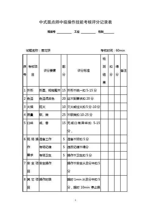 中式面点师中级操作技能考核评分记录表-精品