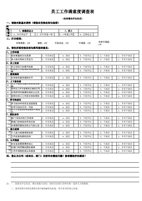 员工满意度调查表(简版)