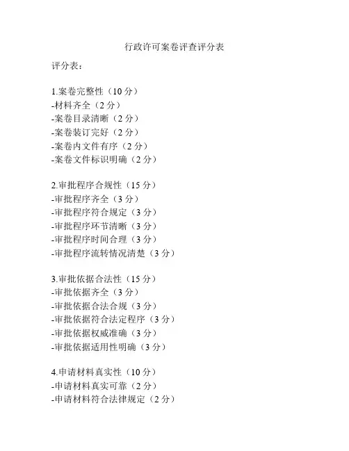 行政许可案卷评查评分表