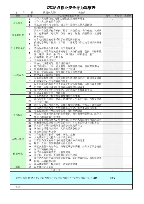 天然气站安全行为观察表(共11类,管网施工,管网巡线,抢维修,高压场站,CNG站,动火,高处,密闭等)