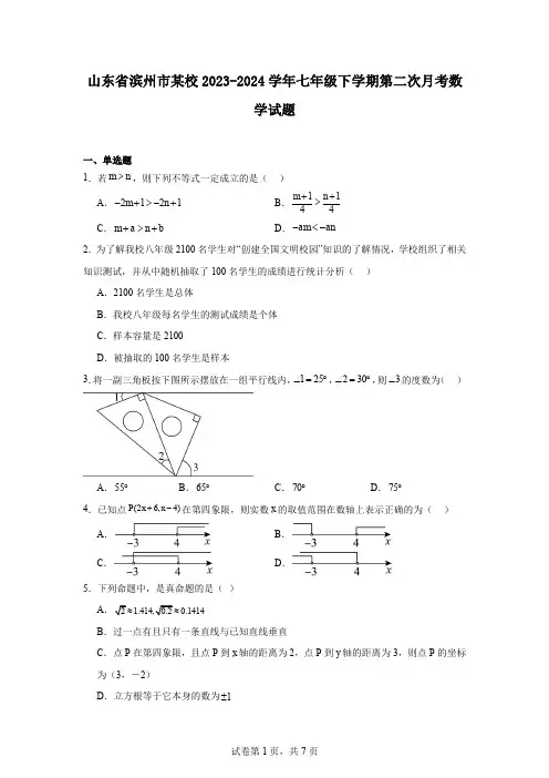 山东省滨州市某校2023-2024学年七年级下学期第二次月考数学试题