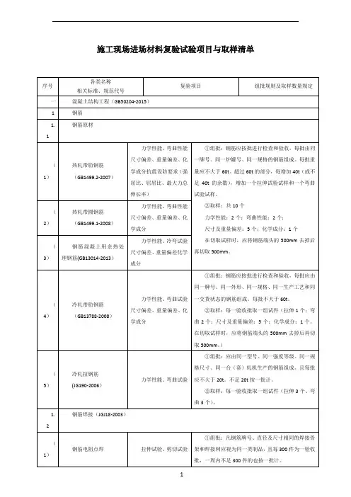 施工现场进场材料复验试验项目与取样清单