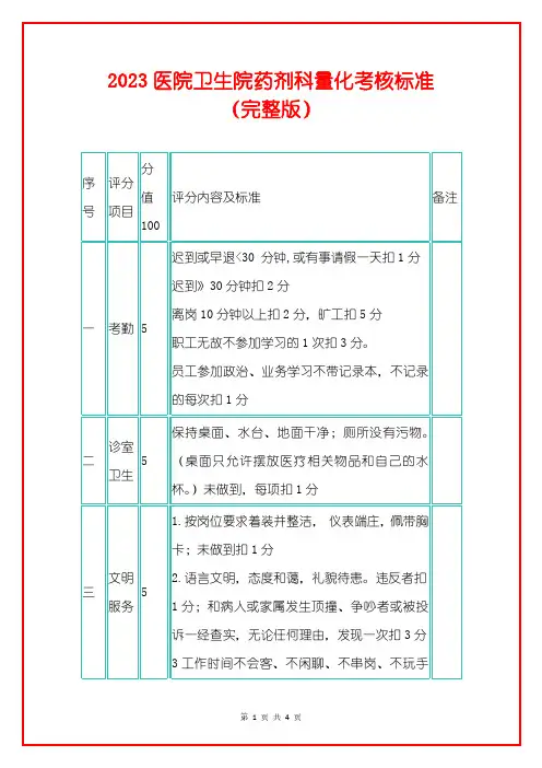 2023医院卫生院药剂科量化考核标准(完整版)