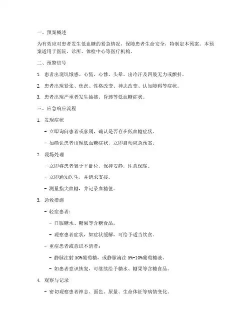 患者发生低血糖应急预案的模板