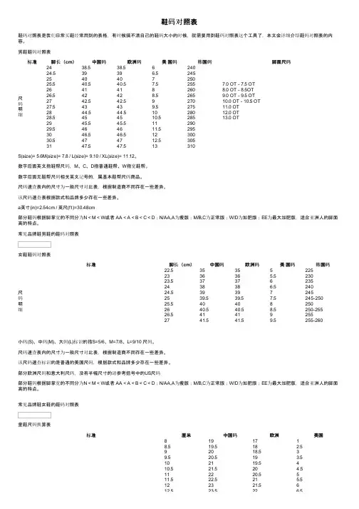 鞋码对照表——精选推荐