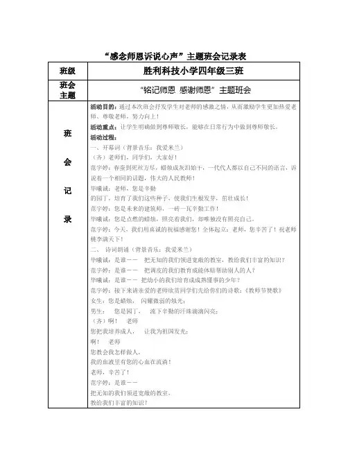 “感念师恩诉说心声”主题班会记录表