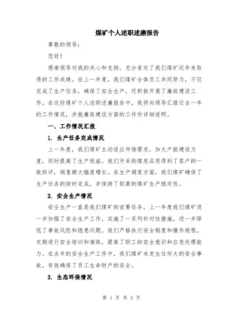 煤矿个人述职述廉报告