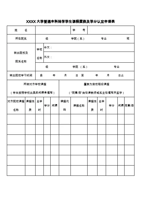 大学普通本科转学学生课程置换及学分认定申请表