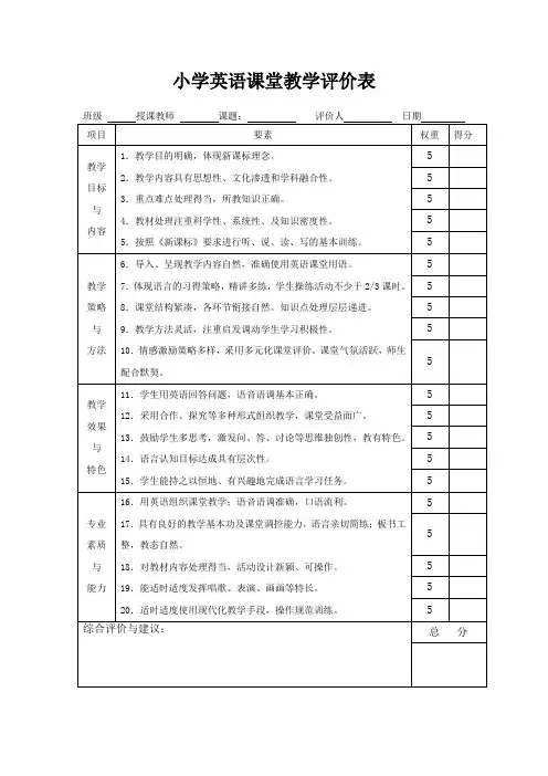 小学英语课堂教学评价表