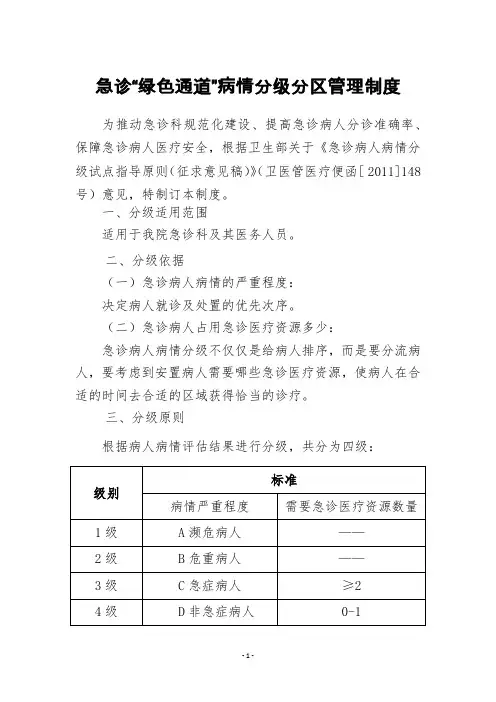 医院急诊绿色通道病情分级分区管理制度
