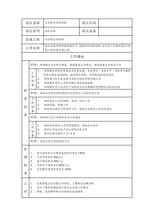 安全保卫业务经理--综合管理类公司岗位职责说明书