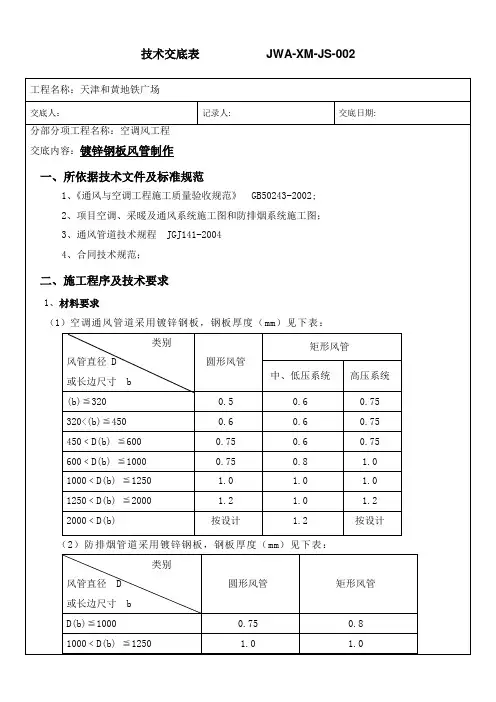 镀锌钢板风管制作交底