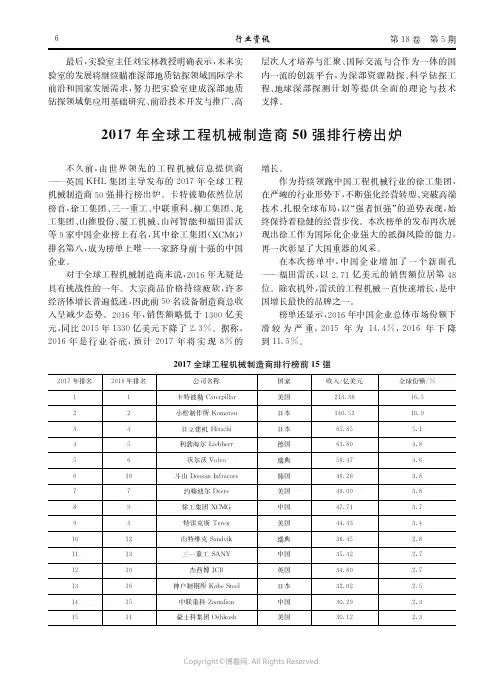 2017年全球工程机械制造商50强排行榜出炉