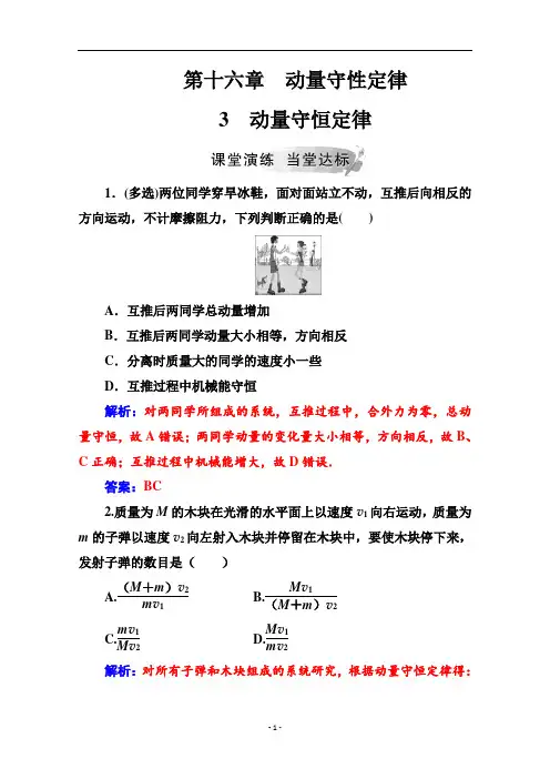 人教版高中物理选修3-5课时练习第十六章3动量守恒定律