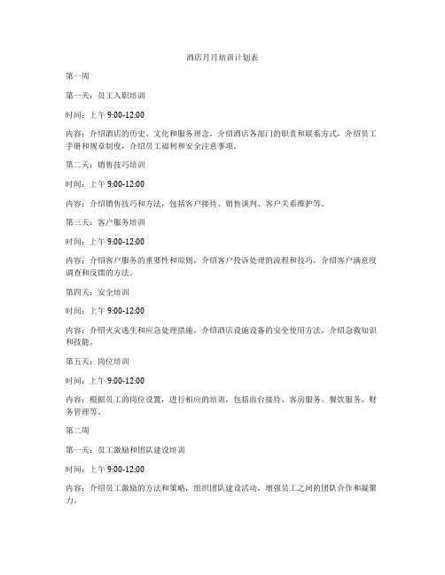 酒店月月培训计划表