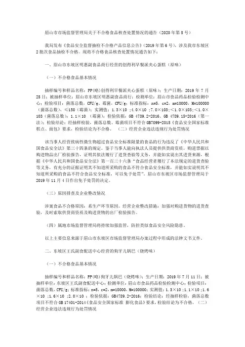 眉山市市场监督管理局关于不合格食品核查处置情况的通告(2020年第5号)