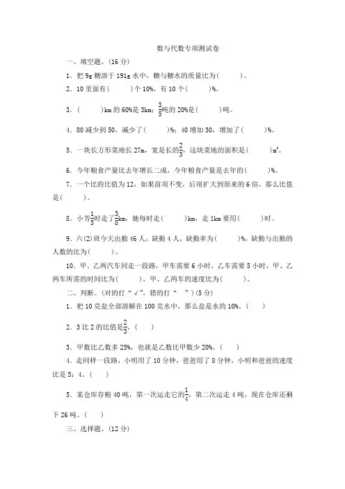 六年级数学上册  六年级上册期末专项测试卷-数与代数  (含答案)(北师大版)