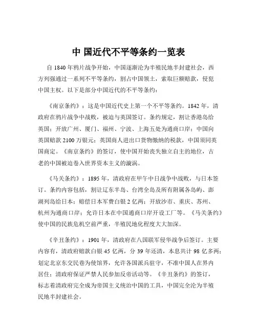 中 国近代不平等条约一览表