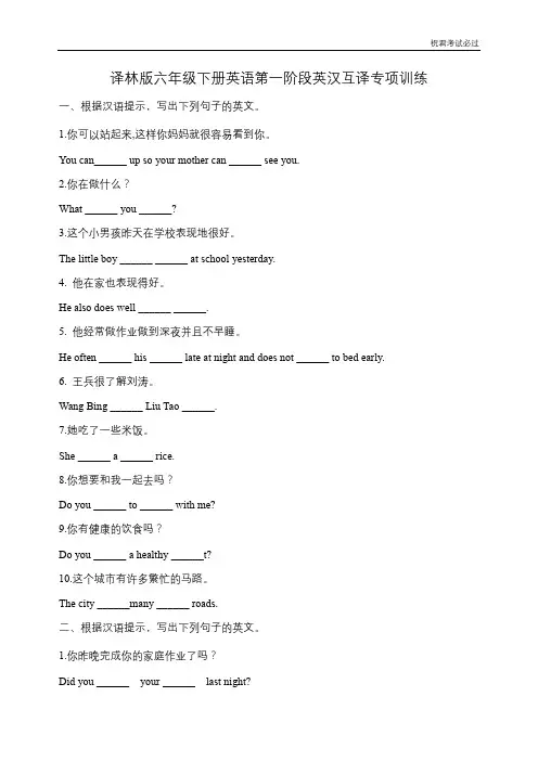 小升初(全国通用)专项复习题小升初英语考试专项复习英汉互译 (译林版附答案)