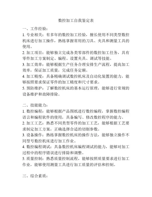 数控加工自我鉴定表