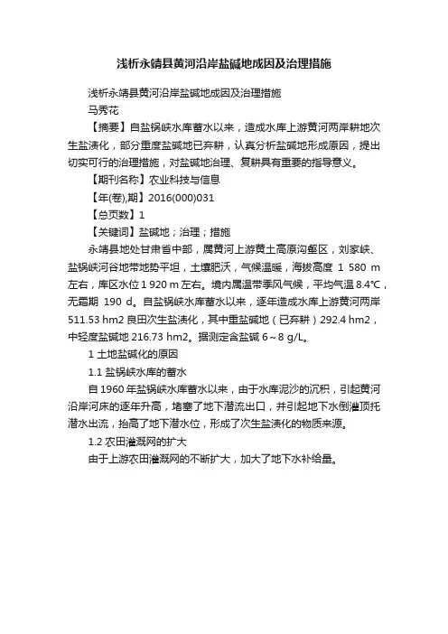浅析永靖县黄河沿岸盐碱地成因及治理措施