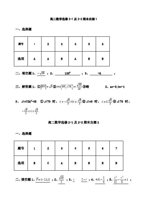 精选高二数学选修精选 复习自测 答案