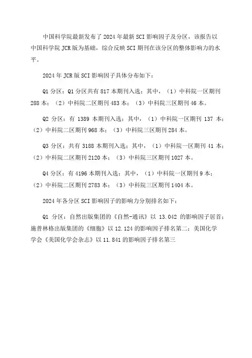2024年最新SCI影响因子及分区