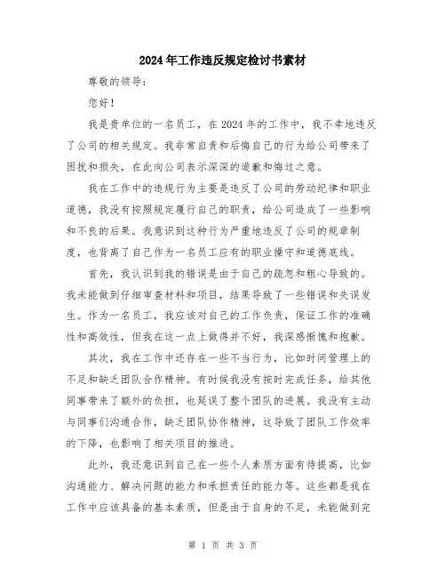 2024年工作违反规定检讨书素材